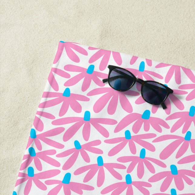 Stylized Flowers - Pink, Sky Blue and White Beach Towel (In Situ)