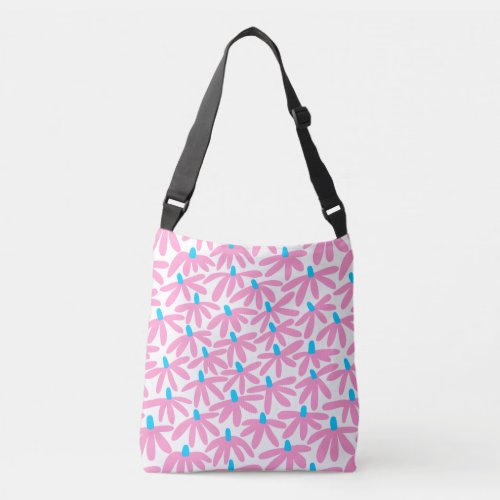 Stylized Flowers _ Pink Sky Blue and White Crossbody Bag