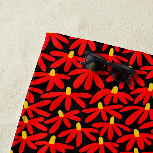 Stylized Flowers - Red, Amber and Black Beach Towel (In Situ)