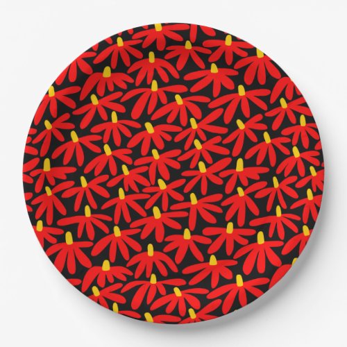 Stylized Flowers _ Red and Amber on Black Paper Plates