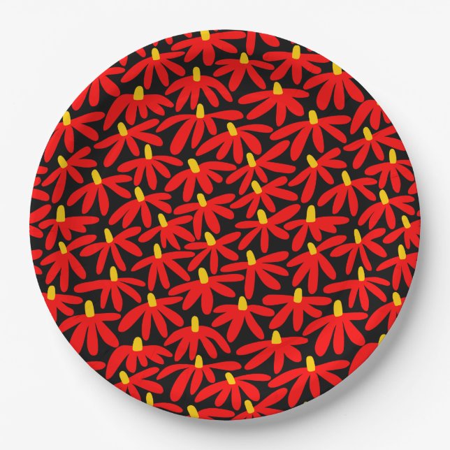 Stylized Flowers - Red and Amber on Black Paper Plates (Front)
