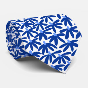 Stylized Flowers - Shades of Blue on White Neck Tie