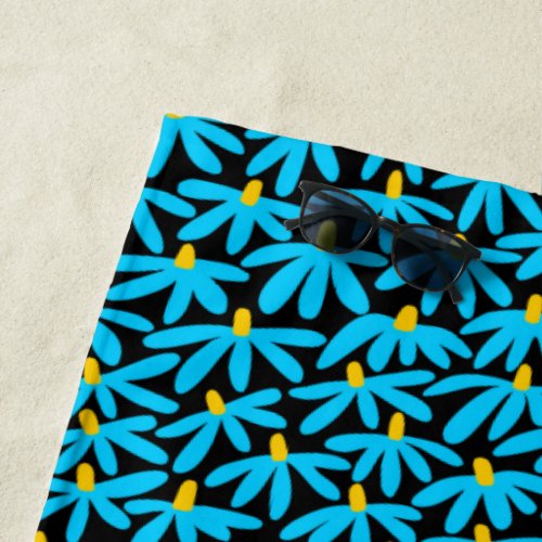 Stylized Flowers _ Sky Blue Amber and Black Beach Towel