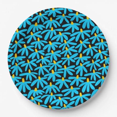 Stylized Flowers _ Sky Blue and Amber on Black Paper Plates