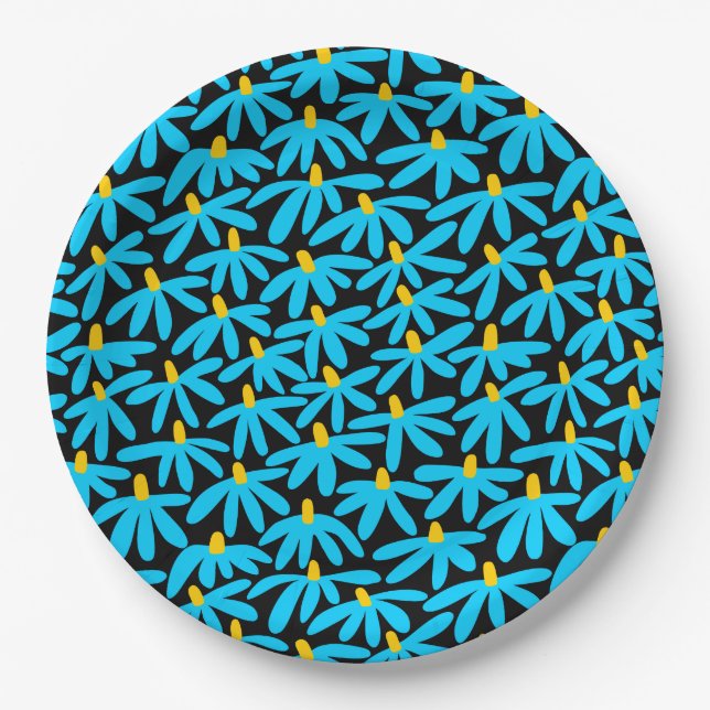 Stylized Flowers - Sky Blue and Amber on Black Paper Plates (Front)