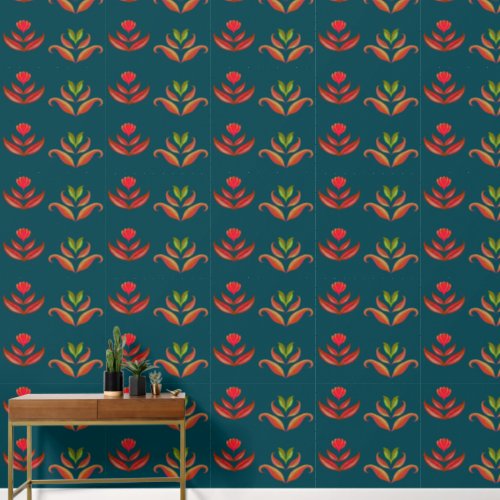 Stylized Flowers Turquoise  Burnt Orange Folk Art Wallpaper