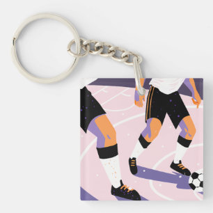 Stylized Football Players Dribbling a Soccer Ball Keychain