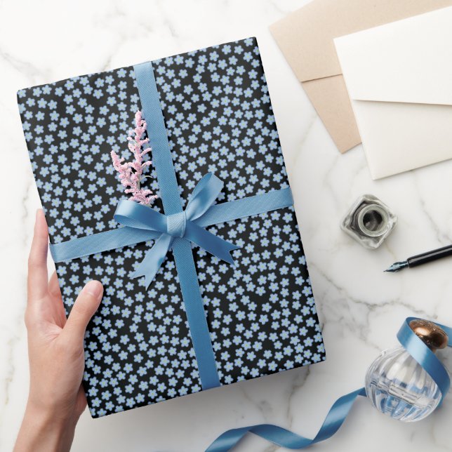 Stylized Forget-Me-Not Flowers on Black Wrapping Paper (Gifting)