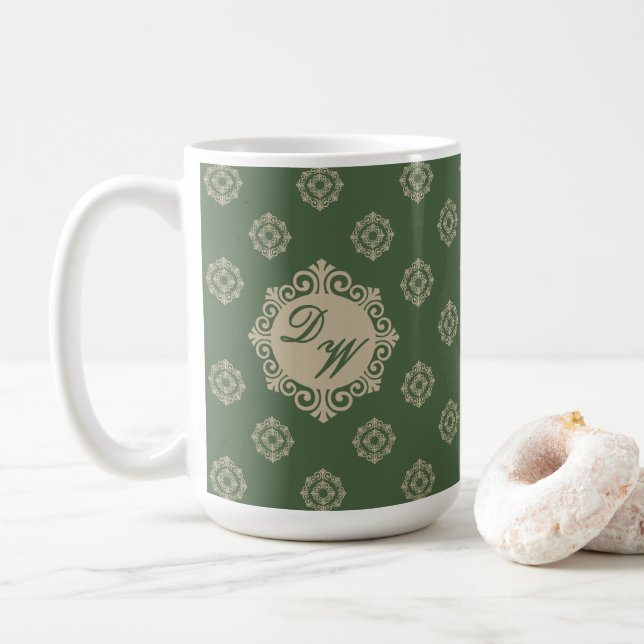 Stylized Foulard Design in Sage Green Coffee Mug (With Donut)