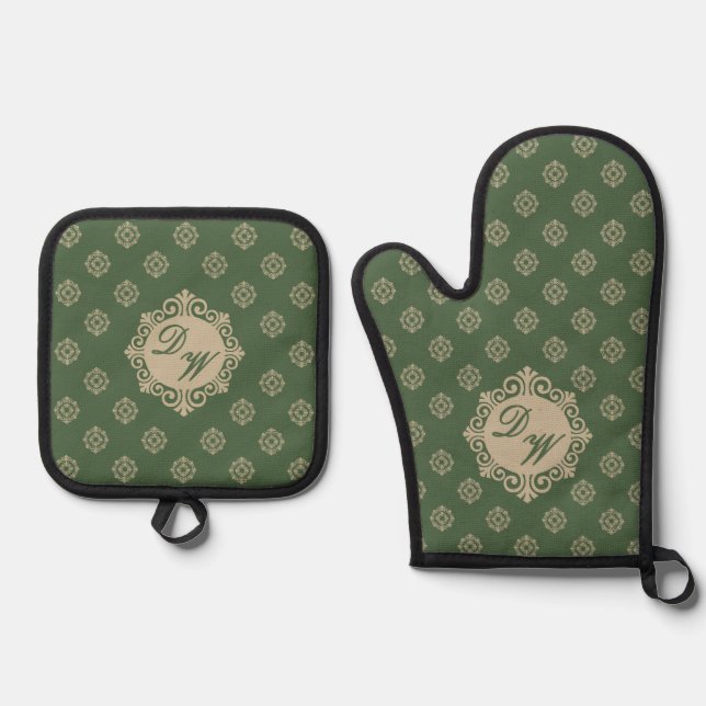 Stylized Foulard Design in Sage Green Oven Mitt & Pot Holder Set (Front)