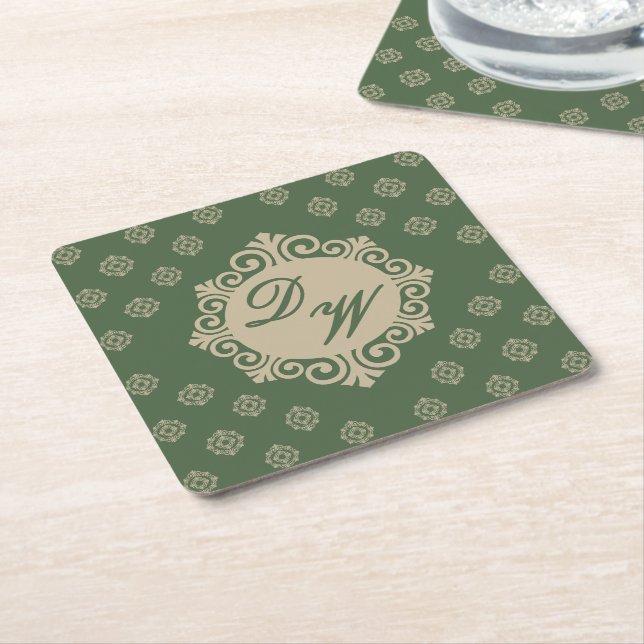 Stylized Foulard Design in Sage Green Square Paper Coaster (Angled)