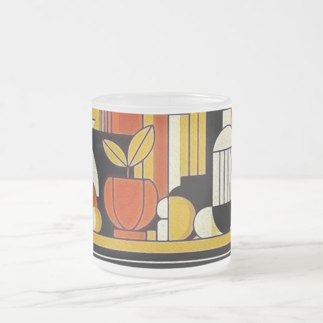 Stylized fruits and bottles frosted glass coffee mug (Center)