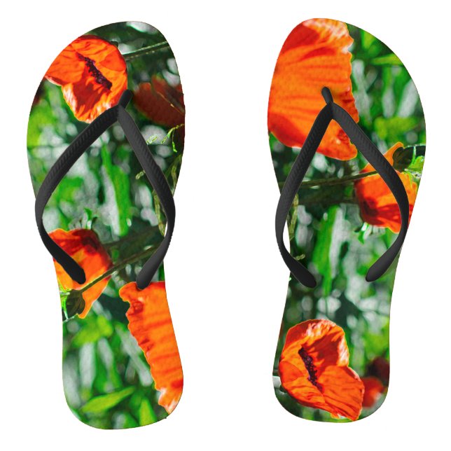 Stylized Garden Red Orange Poppy Flowers Flip Flops (Footbed)