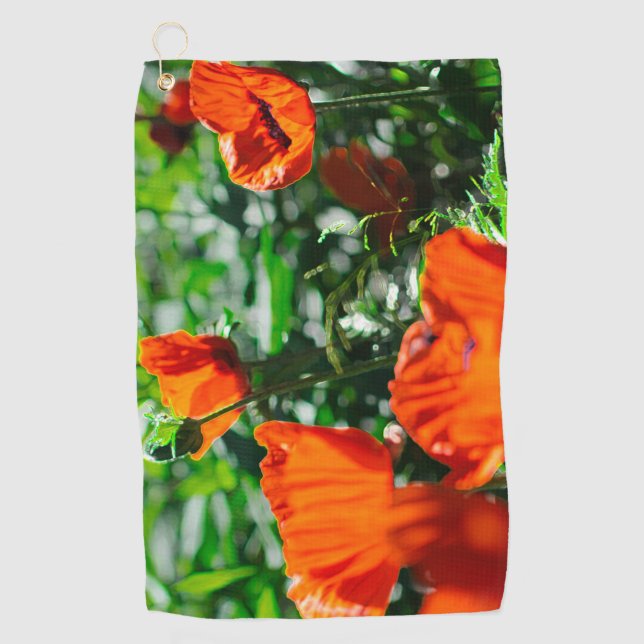 Stylized Garden Red Orange Poppy Flowers Golf Towel (Front)