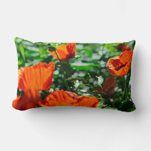 Stylized Garden Red Orange Poppy Flowers Lumbar Pillow