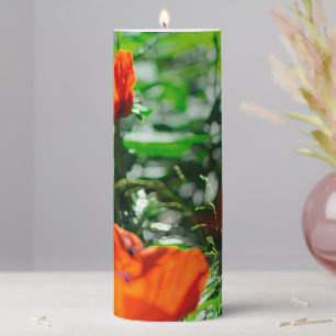 Stylized Garden Red Orange Poppy Flowers Pillar Candle