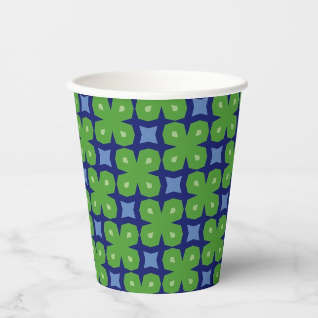 Stylized Geometric Four-Leaf Clovers on Blue Paper Cups (Front)