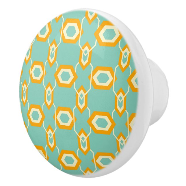 Stylized geometric pattern in bold orange hexagon ceramic knob (Right)