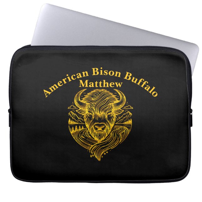 Stylized Gold Bison Illustration in Nature Setting Laptop Sleeve (Front)