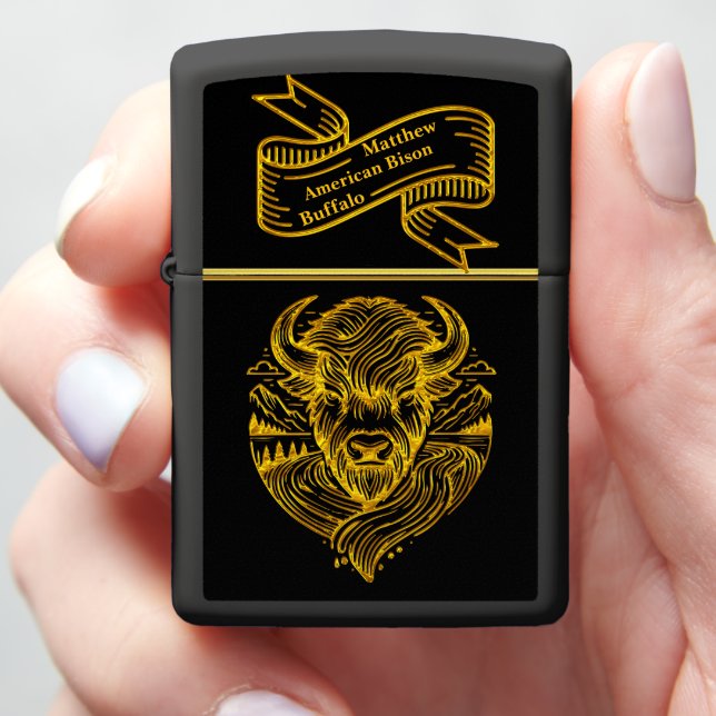 Stylized Gold Bison Illustration in Nature Setting Zippo Lighter (In Hand)