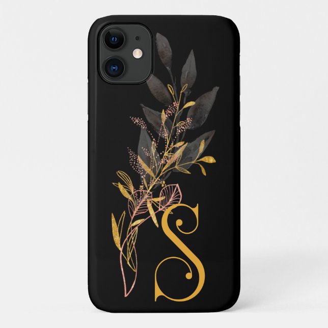 Stylized Gold & Black Floral Monogram S Case-Mate iPhone Case (Back)