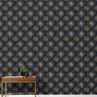 Stylized gold foil, flowers on midnight blue wallpaper