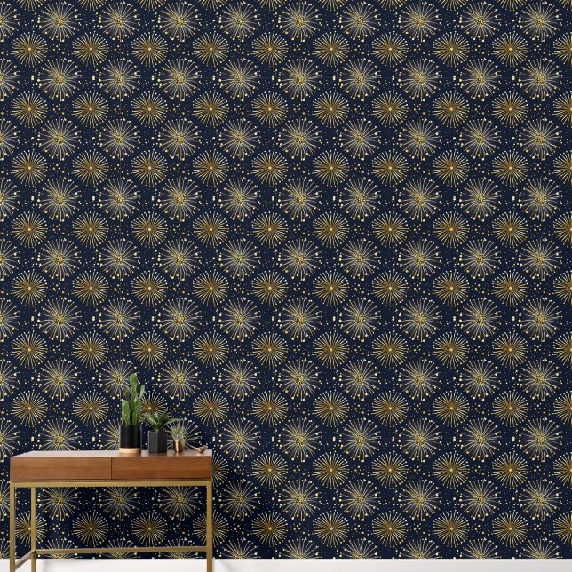 Stylized gold foil, flowers on midnight blue wallpaper  (Hallway)