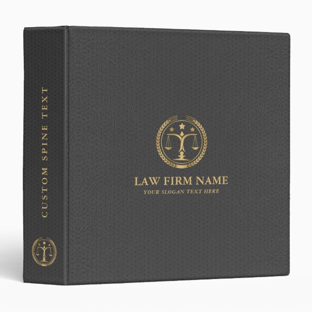 Stylized Gold Law Logo, Black Leather Texture 3 Ring Binder (Front/Spine)