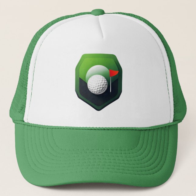 Stylized Golf Ball Icon with Green Background Trucker Hat (Front)
