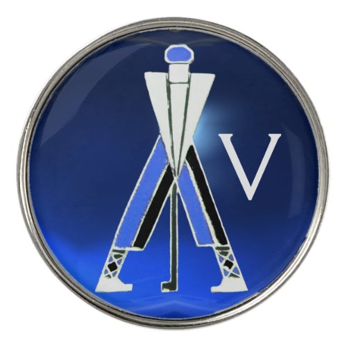 STYLIZED GOLFER GOLF PLAYER BLUE GEM MONOGRAM GOLF BALL MARKER