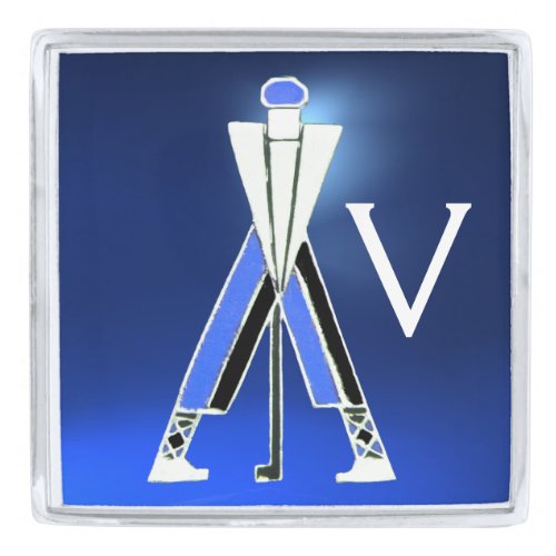 STYLIZED GOLFER GOLF PLAYER BLUE GEM MONOGRAM SILVER FINISH LAPEL PIN