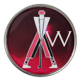 STYLIZED GOLFER ,GOLF PLAYER PINK RED GEM MONOGRAM GOLF BALL MARKER