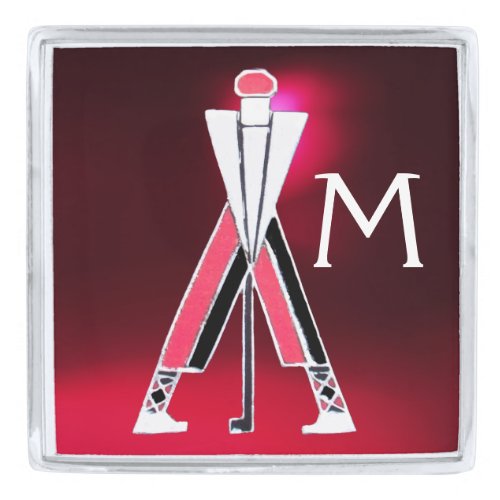 STYLIZED GOLFER GOLF PLAYER PINK RED GEM MONOGRAM SILVER FINISH LAPEL PIN