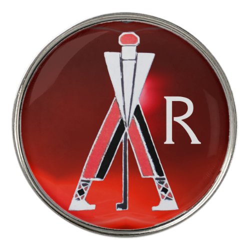 STYLIZED GOLFER GOLF PLAYER RED GEM MONOGRAM GOLF BALL MARKER