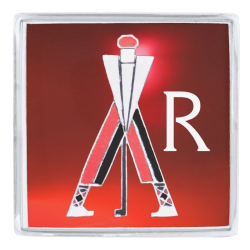 STYLIZED GOLFER GOLF PLAYER RED GEM MONOGRAM SILVER FINISH LAPEL PIN