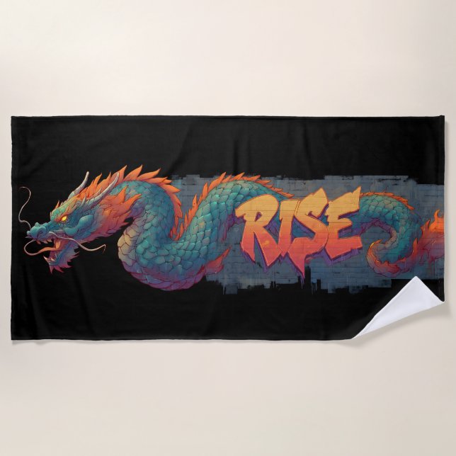 Stylized Graffiti Dragon Mural with Bold 'RISE'  Beach Towel (Front)