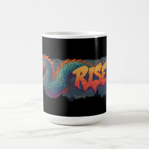 Stylized Graffiti Dragon Mural with Bold 'RISE' Coffee Mug