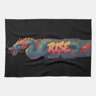 Stylized Graffiti Dragon Mural with Bold 'RISE'  Kitchen Towel