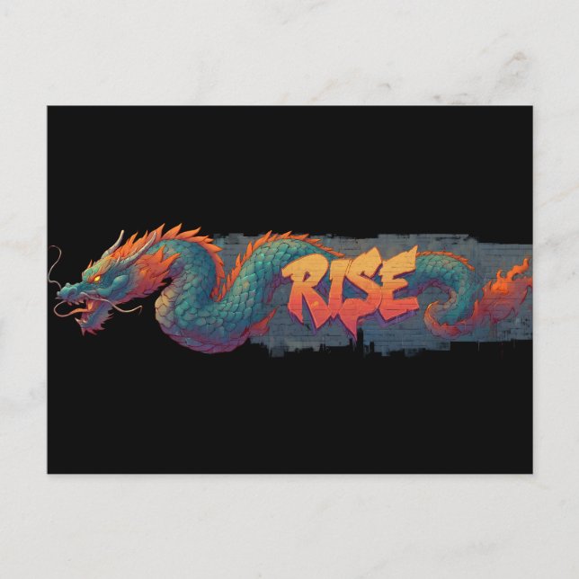 Stylized Graffiti Dragon Mural with Bold 'RISE'  Postcard (Front)