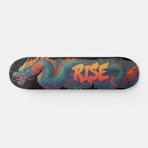 Stylized Graffiti Dragon Mural with Bold 'RISE' Skateboard