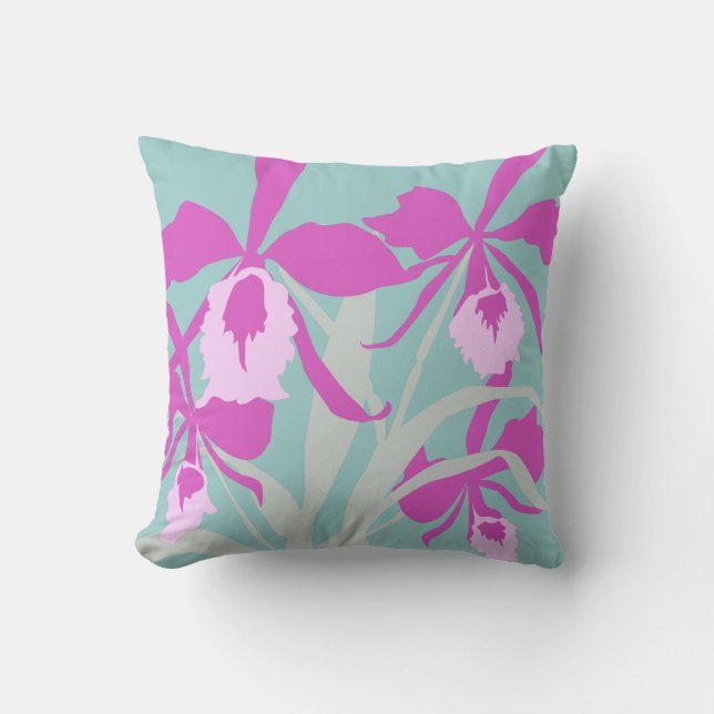 Stylized graphic purple aqua orchid art pillow (Front)