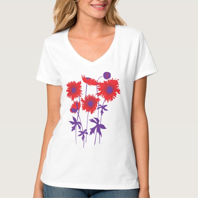 Stylized graphic ragged poppies red & purple T-Shirt (Front)