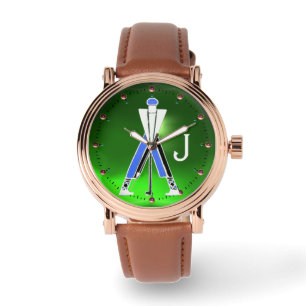 STYLIZED GREEN BLUE GOLFER,GOLF PLAYER MONOGRAM WATCH