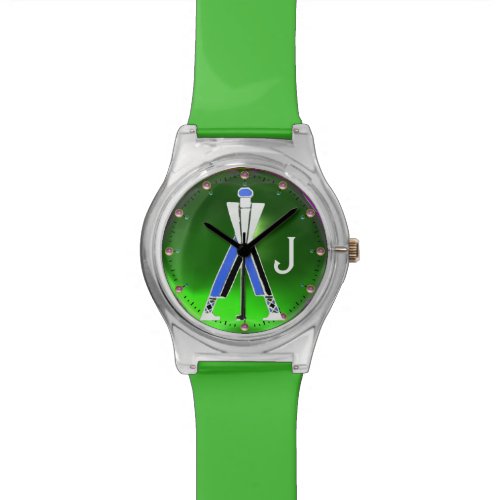 STYLIZED GREEN BLUE GOLFERGOLF PLAYER MONOGRAM WRIST WATCH