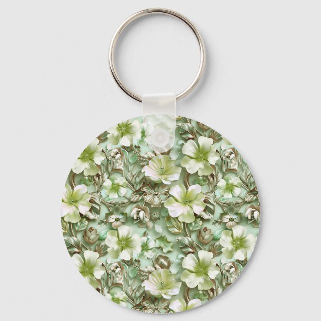 Stylized Green Flowers Keychain (Front)