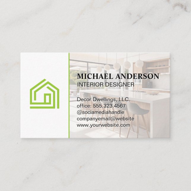Stylized Green Home Logo | Modern Kitchen Business Card (Front)
