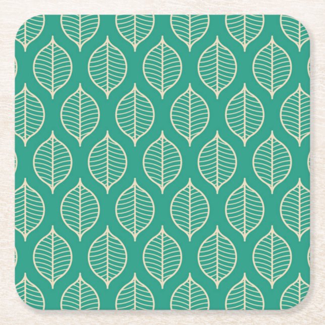 Stylized Green Leaf Pattern Square Paper Coaster (Front)