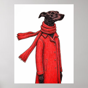 Stylized Greyhound Drawing with Red Vintage Coat Poster