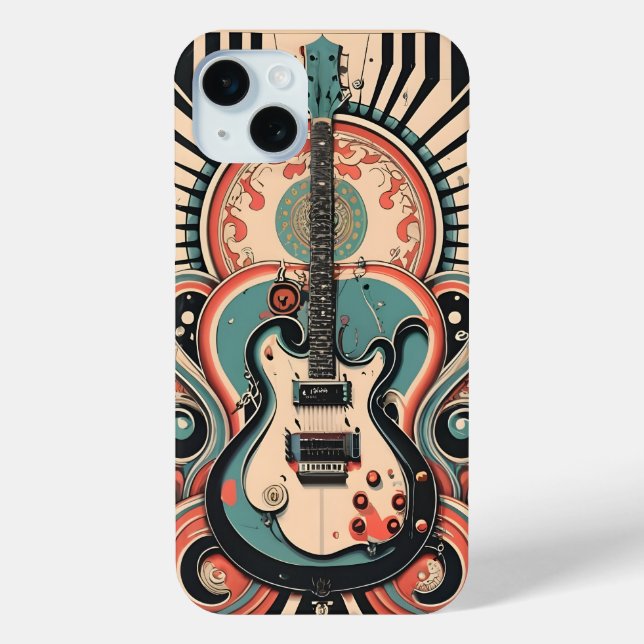 Stylized Guitar art deco Apple iPhone 15 Case (Back)