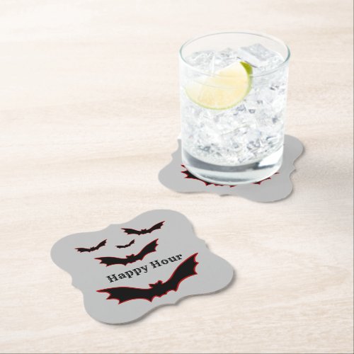 Stylized Halloween Vampire Bats Happy Hour Paper Coaster